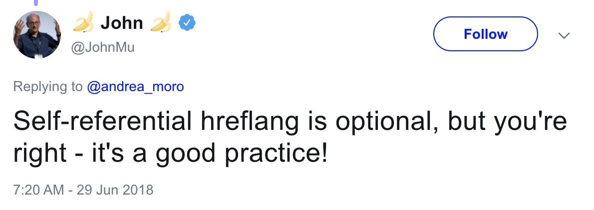 John Mueller confirms that self-referential hreflangs are good practice